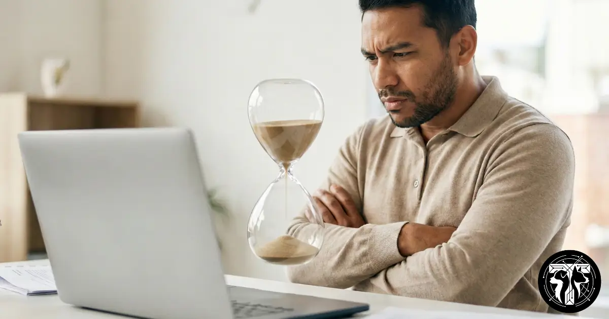 Homme devant son ordinateur observant un sablier, illustrant un site WordPress lent