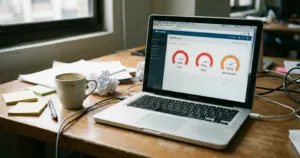 Bureau TPE avec ordinateur affichant tableau de bord pour justifier que le site WordPress est lent