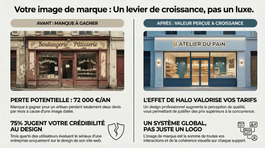 Infographie comparant l'impact d'une image de marque absente versus structurée : 72 000 € de manque à gagner et effet de halo sur la perception de valeur