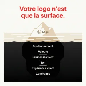 Iceberg illustrant la différence entre le logo visible et les fondations profondes d'une image de marque : positionnement, valeurs, promesse client, ton, expérience client et cohérence