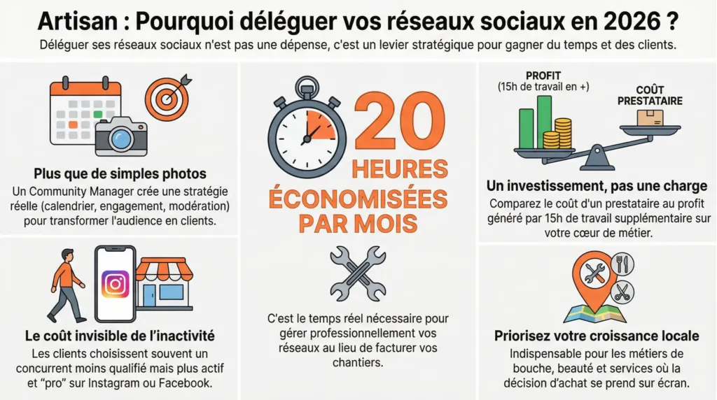 Infographie TAOZ : pourquoi déléguer vos réseaux sociaux en 2026 - 20 heures économisées par mois, investissement vs charge pour artisans