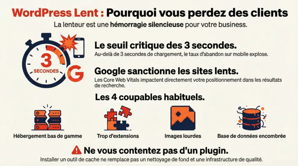Infographie WordPress lent : seuil critique 3 secondes, impact Google et 4 causes principales de ralentissement