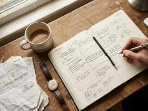 Bureau artisan avec agenda papier surchargé, café et montre symbolisant le temps nécessaire pour gérer une entreprise