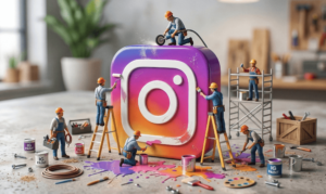 Des petits hommes qui travaillent sur le logo Instragram