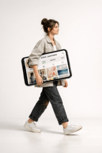 Une femme qui porte une tablette géante avec l'application Instagram en fond